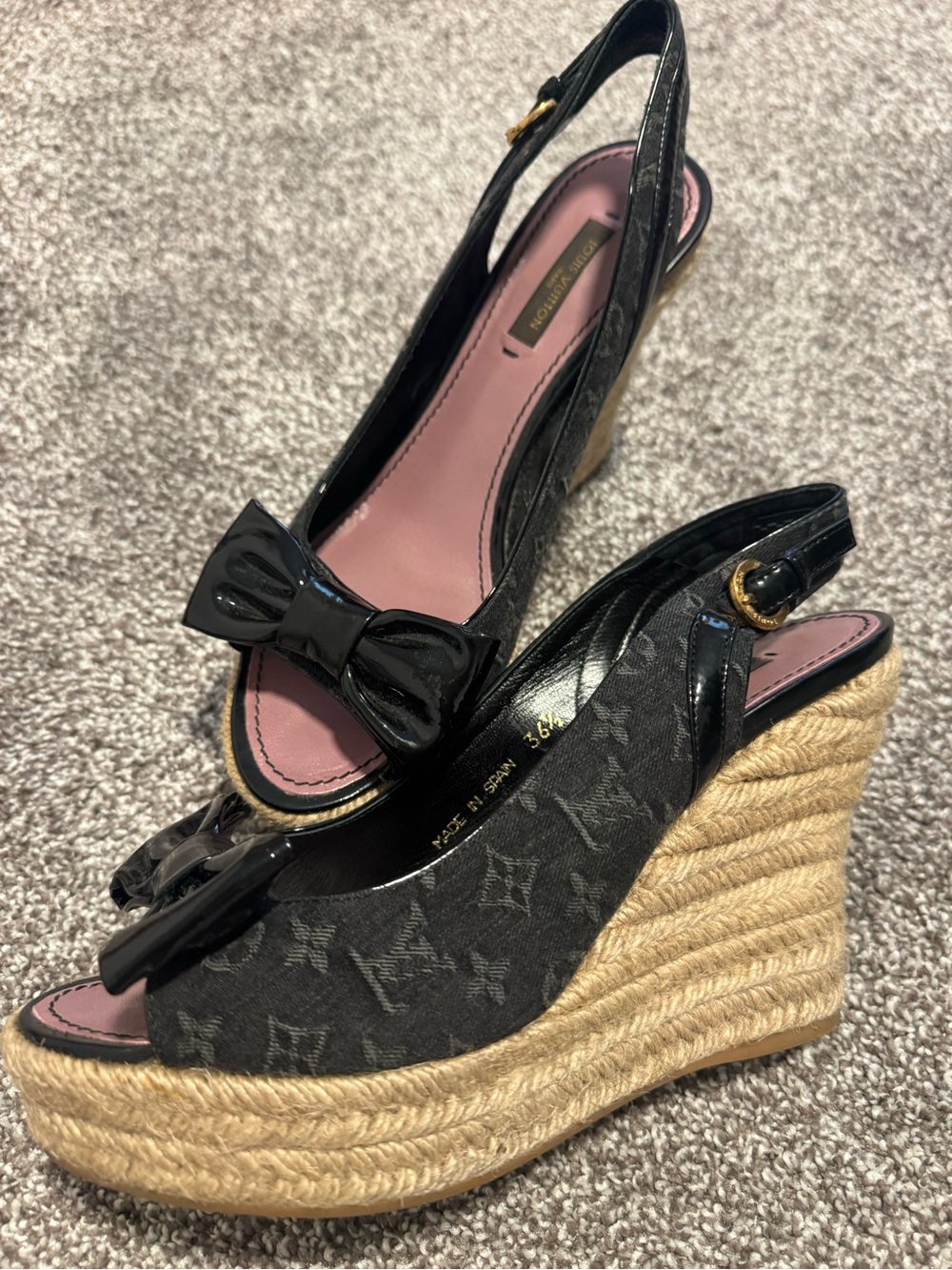 Louis Vuitton Black Monogram Espadrille Wedges with Pink Insole and Bow- 36.5